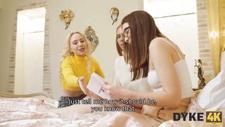 DYKE4K. Sexy lesbians prefer high heels and a big black toy for a hot threesome