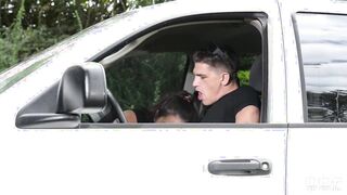 Stud crams busty Milf Alison Tyler's pussy with giant veiny cock on back of truck