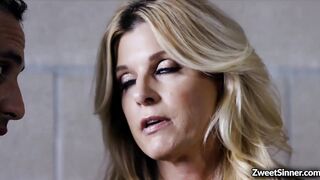Watch my stepmom's milky white skin turn to jizz as I deepthroat and take a big load on her face
