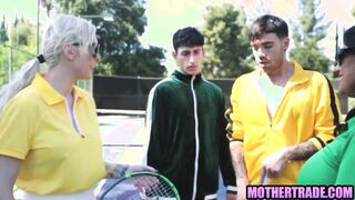 Mona Azar & Kenzie Taylor get nasty in a step-son-stepmom foursome on tennis court