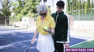 Mona Azar & Kenzie Taylor get nasty in a step-son-stepmom foursome on tennis court
