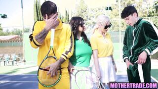 Mona Azar & Kenzie Taylor get nasty in a step-son-stepmom foursome on tennis court