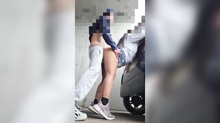 Naughty teen almost caught getting drilled behind car, gets face cumshot and loud moaning orgasm