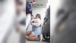 Naughty teen almost caught getting drilled behind car, gets face cumshot and loud moaning orgasm