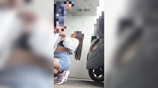 Naughty teen almost caught getting drilled behind car, gets face cumshot and loud moaning orgasm