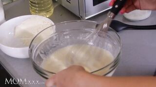 Stepmom with small tits spanks and licks petite stepdaughter in kitchen fantasy