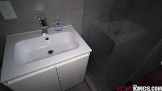 Step-mom with huge boobs begs for help getting a shower and taking a big dick in her tight butt
