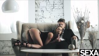 Watch Alexis Crystal and Michael Fly's steamy blowjob and fuck session on the couch