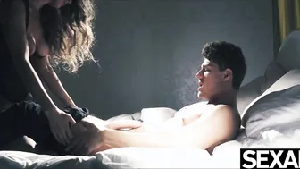 Check out this busty babe's bouncing natural tits as she pleasures herself with a hard cock