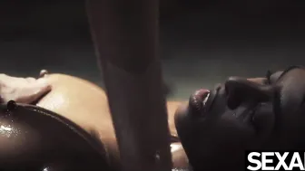 Nancy A's oiled up ebony tits and tight pussy get licked and rubbed together