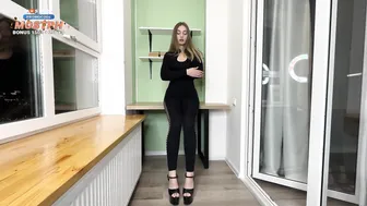 Naughty teacher with big tits fucks hard in black suit & heels outside