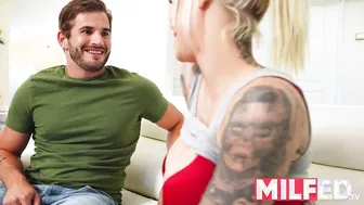 Hot blonde MILF Karma Rx flaunts her massive tits and takes Nathan Bronson's big load