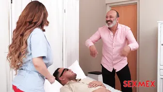 Busty nurse Michelle Aldrete gets her pussy and mouth rehashed by Elber Gonzalo and Memo Inclan