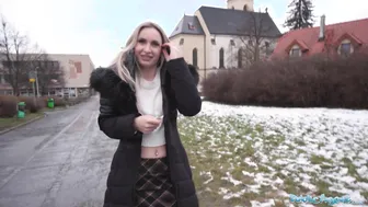 Married blonde bombshell fucks a fake-titted stranger with a massive fat cock in public