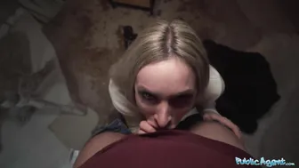 Married blonde bombshell fucks a fake-titted stranger with a massive fat cock in public