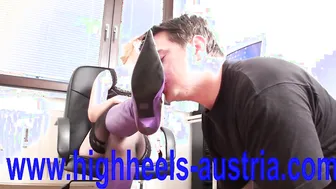 German femdom in the office dominates with boot worship & dirty talk