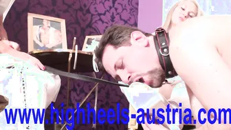Stiefel Lecken dominates and licks big boobs of glamour girls in high heels