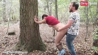 Mila Hase picked up & pounded hard in the forest by a huge cock