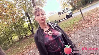 German MILF with short hair gets pounded hard in public by stranger with cum in mouth