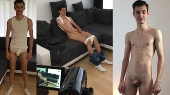 German 18-year-old slim hairless refugee interviewed at German casting couch for small penis and white socks