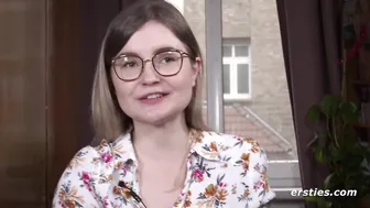 Tiny Emily's first time: German student with big natural tits fingers her shaved pussy solo