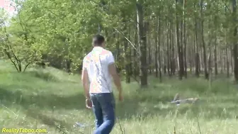 Naughty teen gets off by masturbating in the forest and taking a deep throat