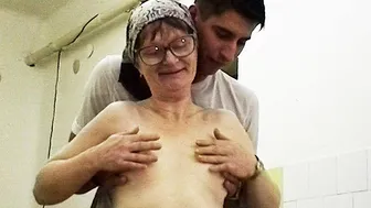 Redhead amateur with saggy tits and glasses gets roughed up by a horny old man