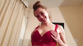 Anne Eden's homemade red lingerie sex tape: A real couple's POV experience with a condom