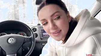 Luna Roulette deepthroats a hard cock in public parking lot & gulps down every drop