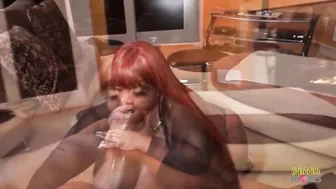 Redhead slut Jazzieoue drools on a long black dick & takes a huge facial